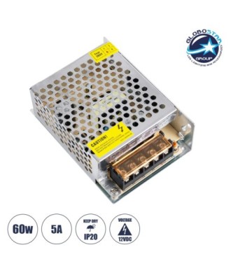 GloboStar® 73033 Μεταλλικό Τροφοδοτικό PELV για Προϊόντα LED 60W 5A - AC 220-240V σε DC 12V - IP20 - Μ11 x Π8 x Υ3.5cm - 2 Χρόνια Εγγύηση